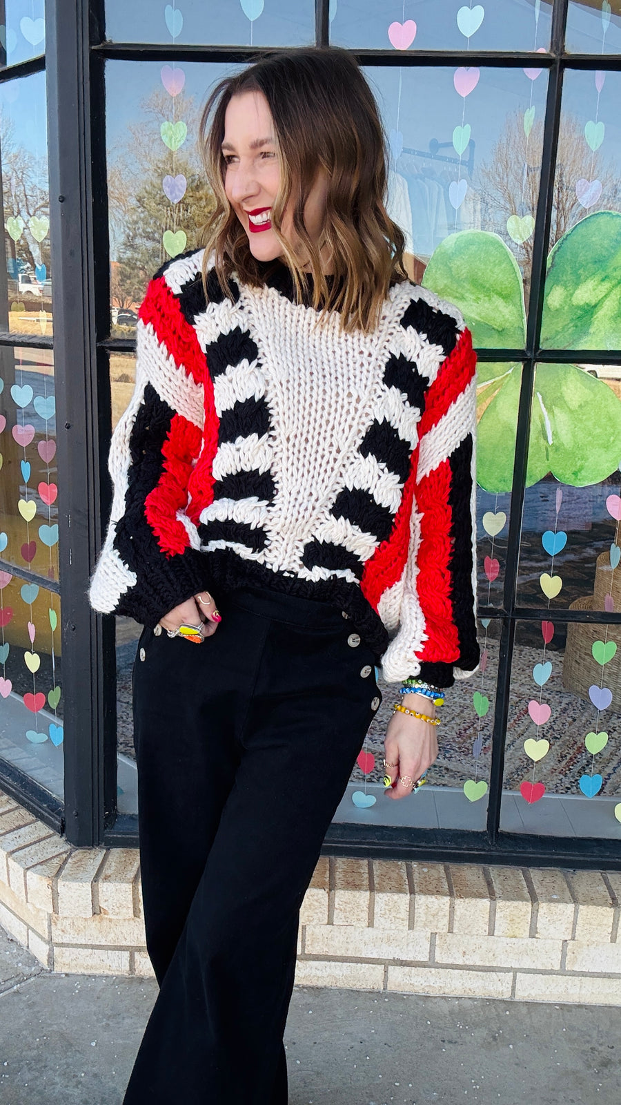 Tyra Chunky Knit Striped Sweater- Red & Black