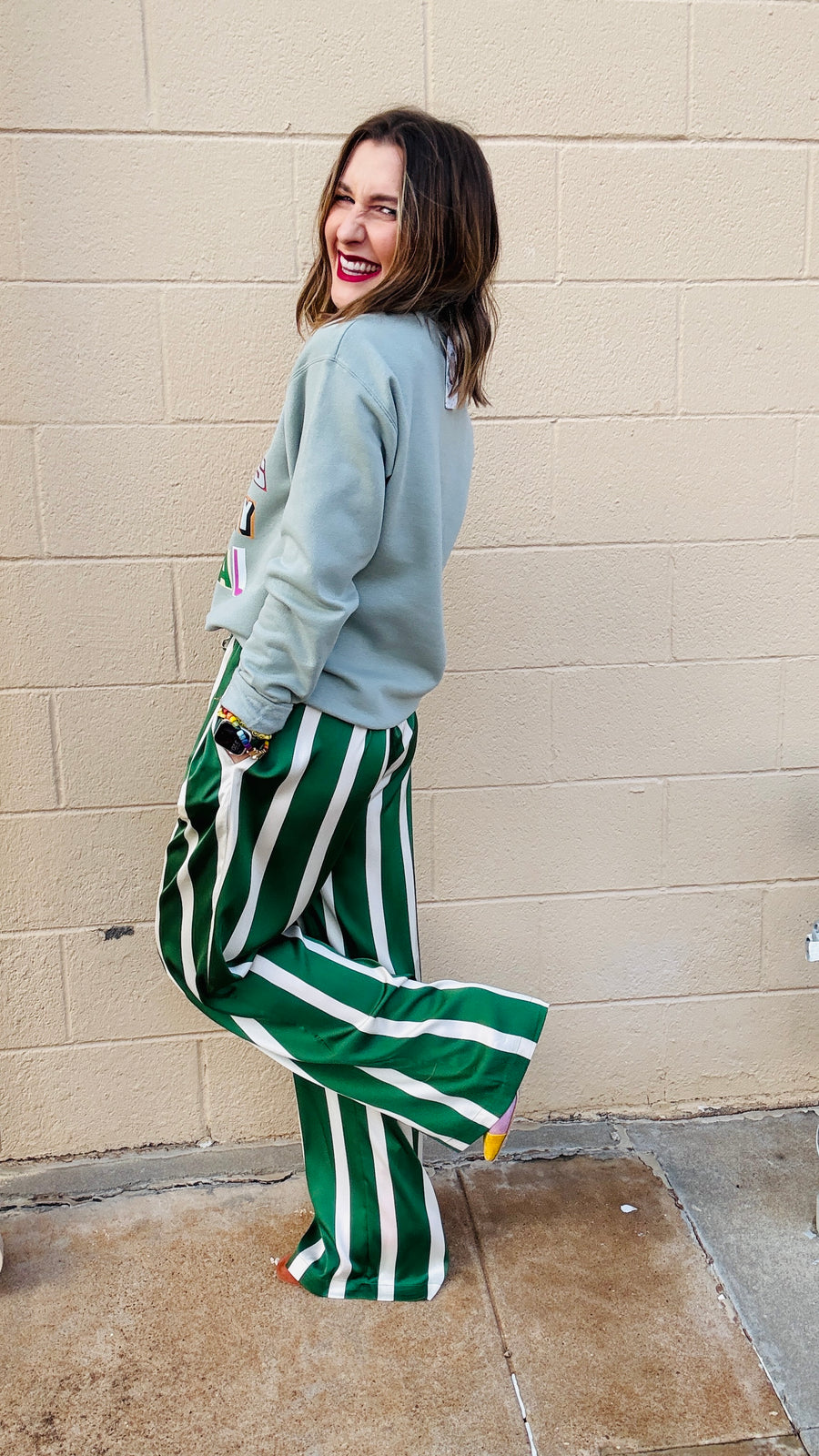 Satin Stroll Striped Wide Leg Pants- Green