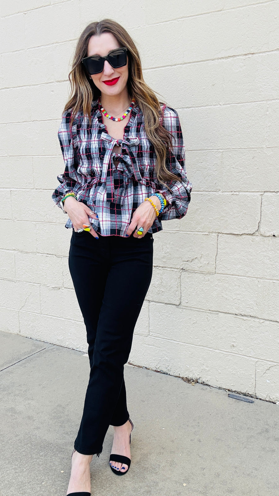 Lyla Plaid V-Neck Front Tie Top - Red & Black