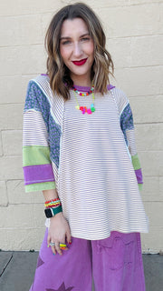 Floral & Stripe Color-Block 3/4 Sleeve Top