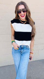 Avery Color Block Knit Cap Sleeve Top- Black