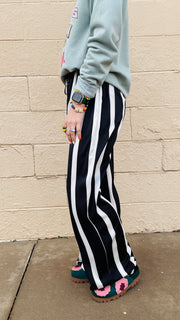 Satin Stroll Striped Wide Leg Pants- Black