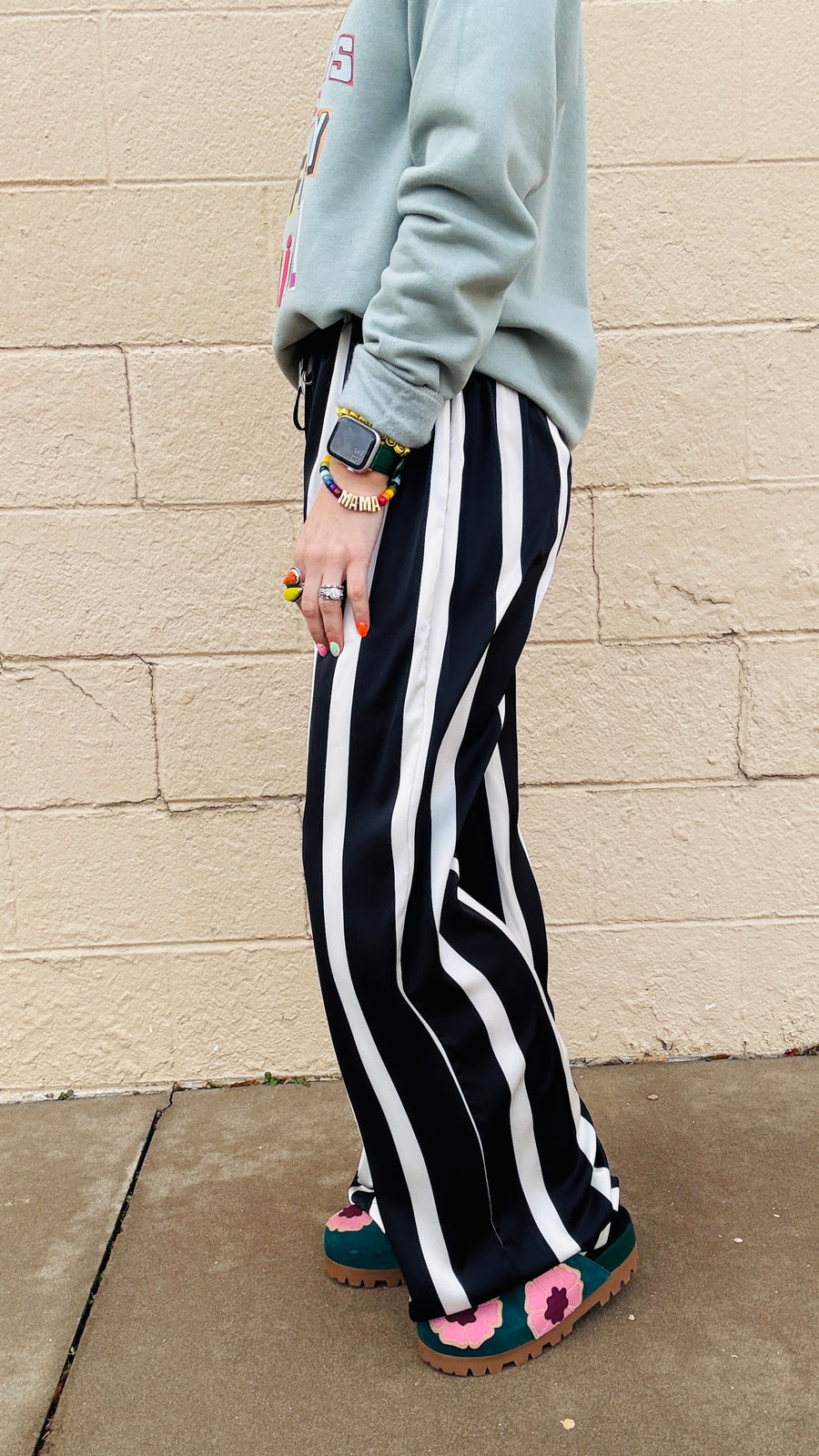 Satin Stroll Striped Wide Leg Pants- Black