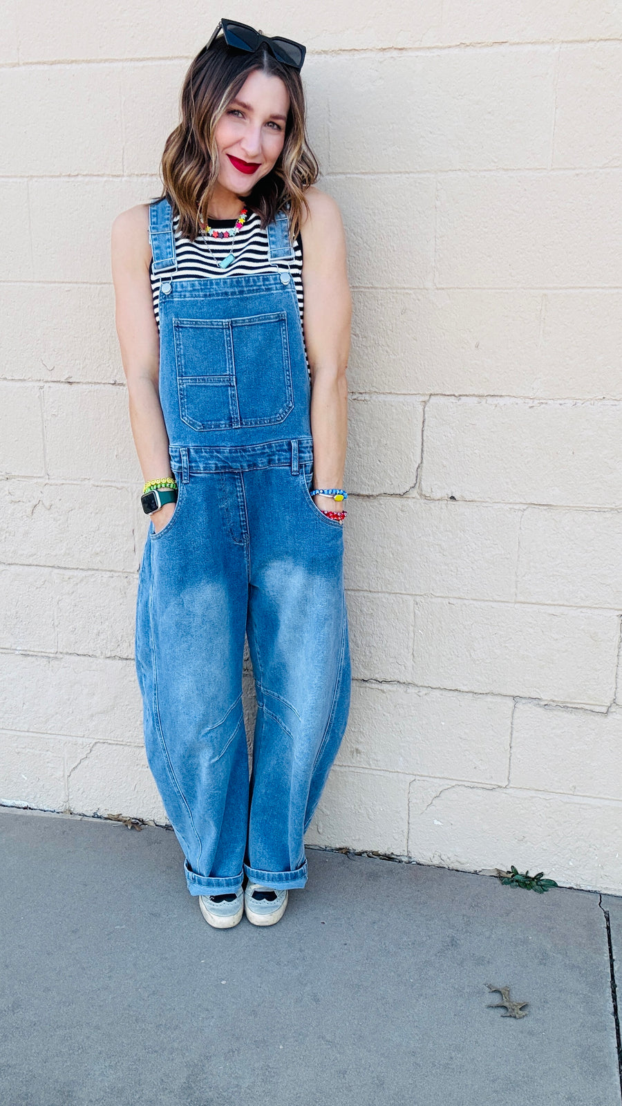 Molly Wide Barrel Leg Denim Overalls- Medium Wash