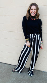 Satin Stroll Striped Wide Leg Pants- Black