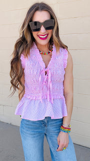 Zoie Smocked Bust Tie Neck Blouse- Pink