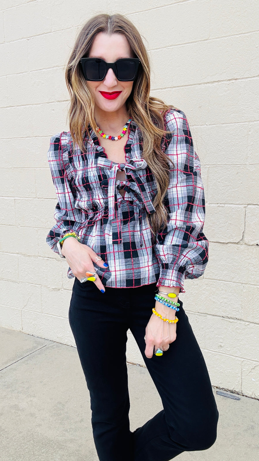 Lyla Plaid V-Neck Front Tie Top - Red & Black