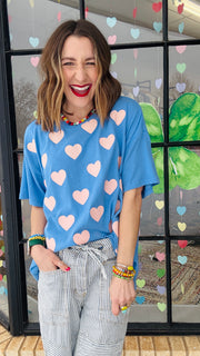 Gimmie Love Heart Stamped Oversized Tee- Blue