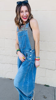 Molly Wide Barrel Leg Denim Overalls- Medium Wash