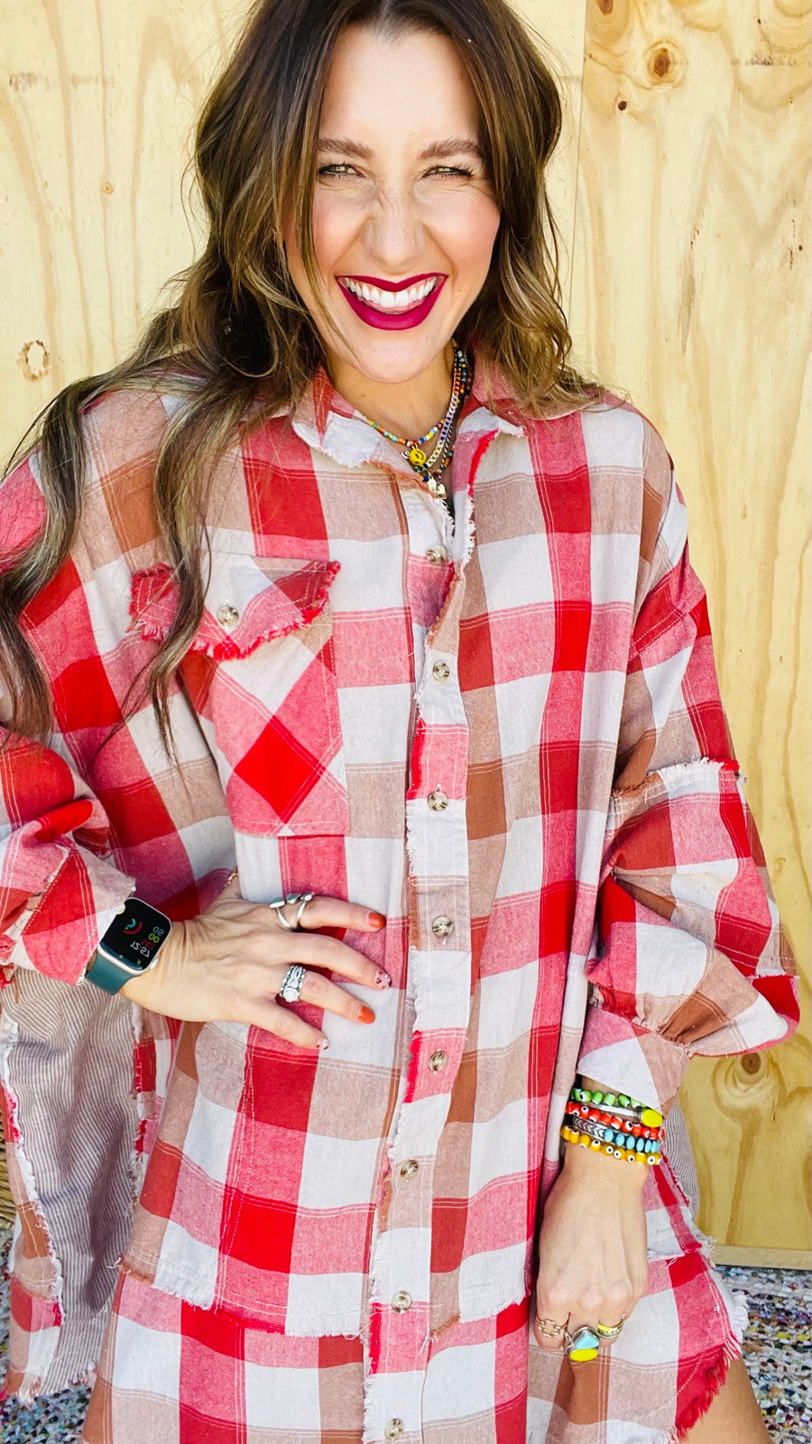 Hayride Honey Plaid Oversized Flannel Dress- Red or Brown Mix