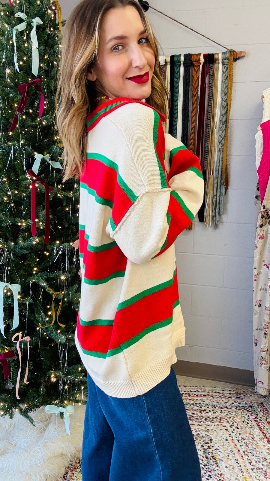 Feelin' Jolly Striped Knit Sweater- Red & Green