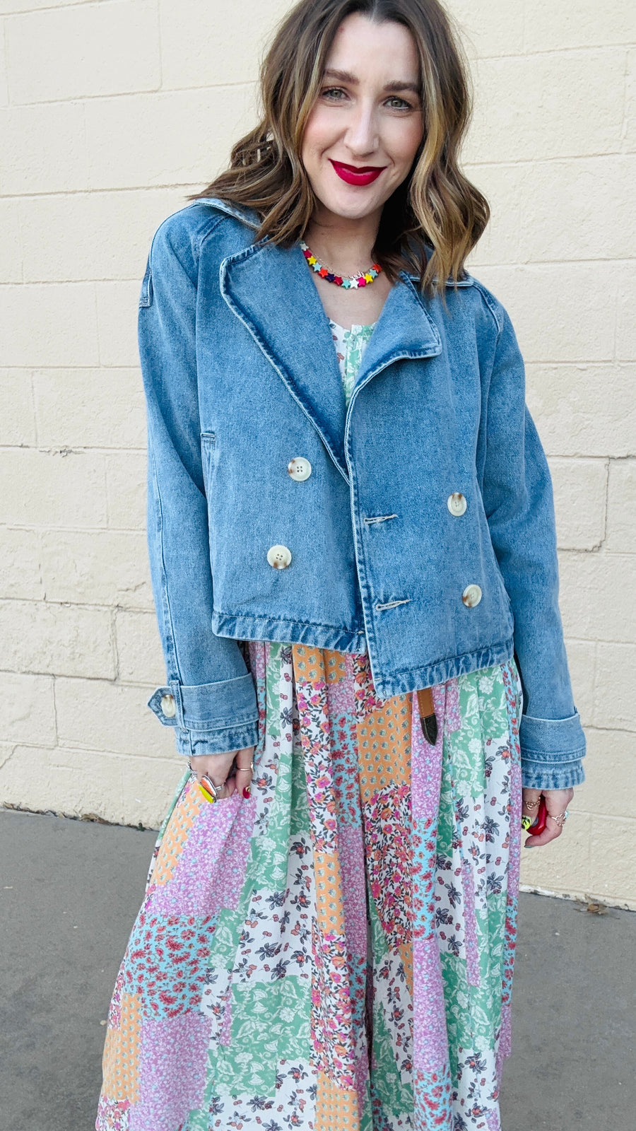 Double Breasted Cropped Denim Jacket- Light Wash