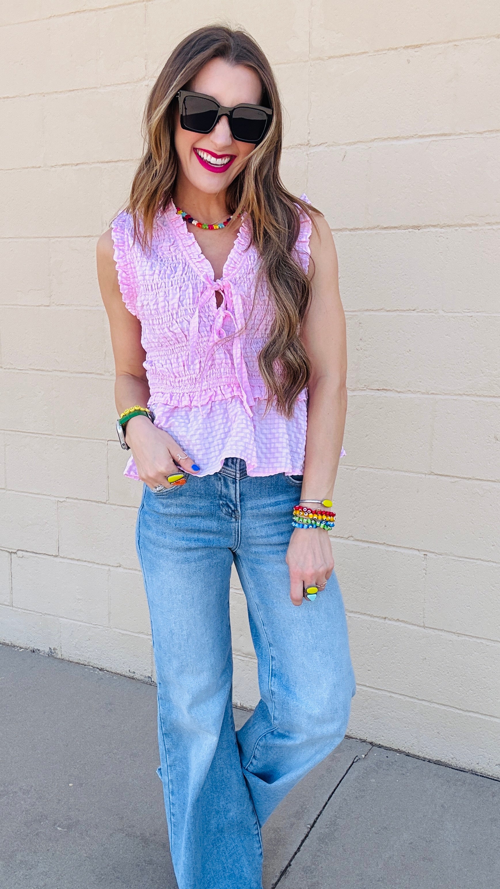 Zoie Smocked Bust Tie Neck Blouse- Pink