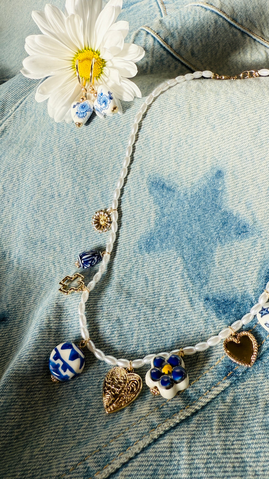 Golden Hearts & Blue Blooms Necklace