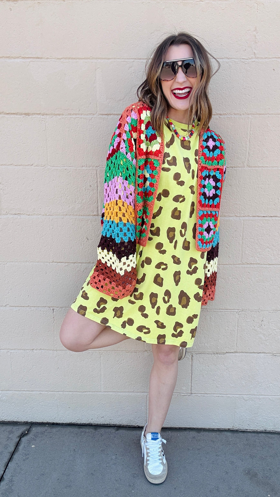 Emma leopard Print T-Shirt Dress- Neon Pineapple