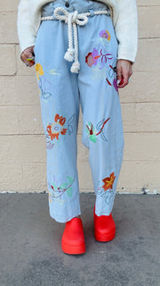 Boho Blossoms Straight Leg Denim Pants- Light Wash