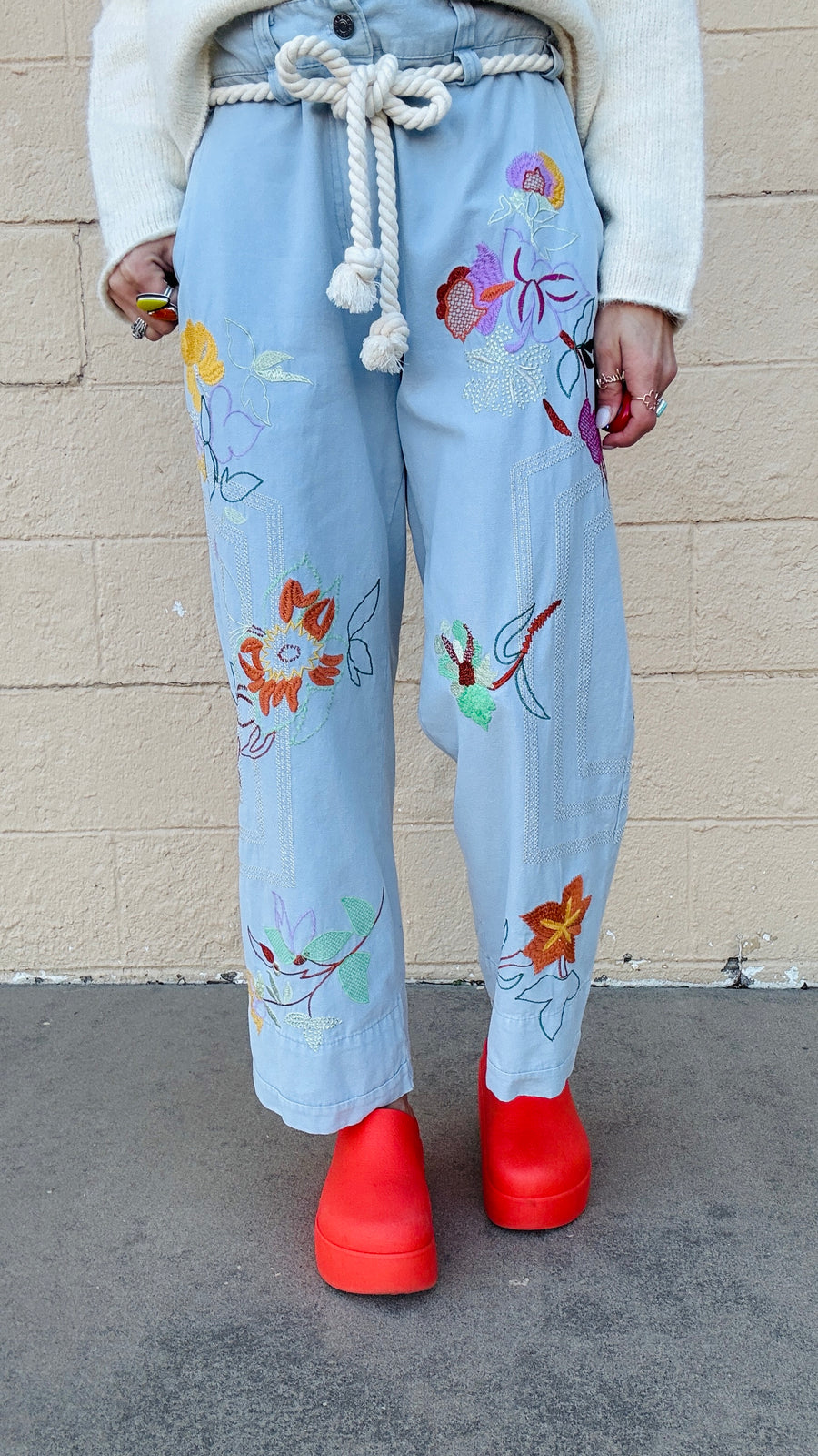 Boho Blossoms Straight Leg Denim Pants- Light Wash