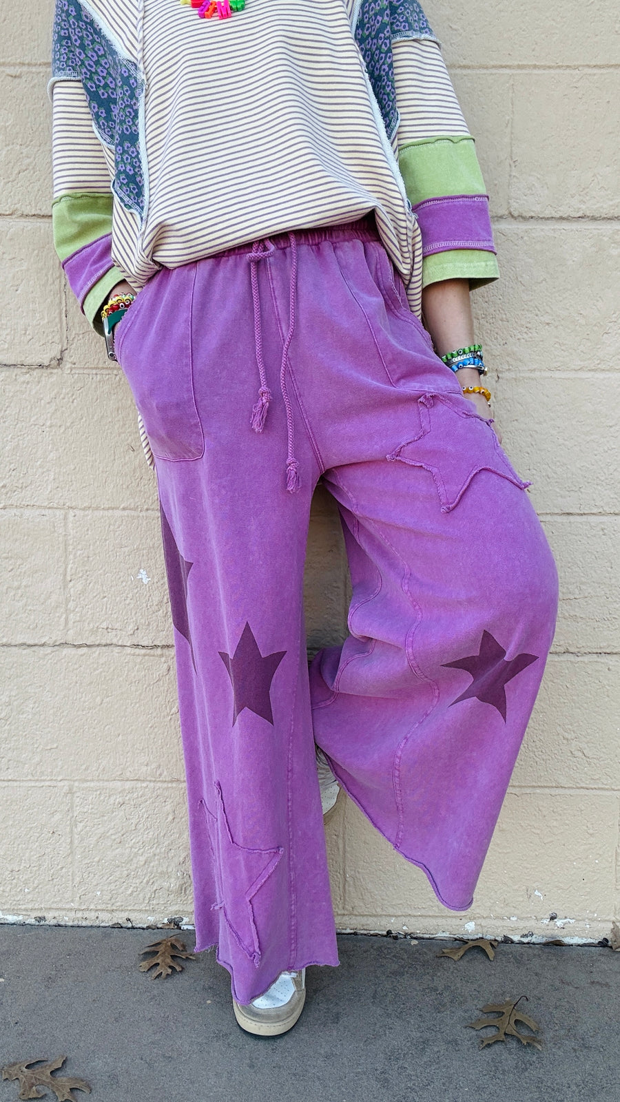 Superstar Distressed Patchwork Wide Leg Pants- Berry