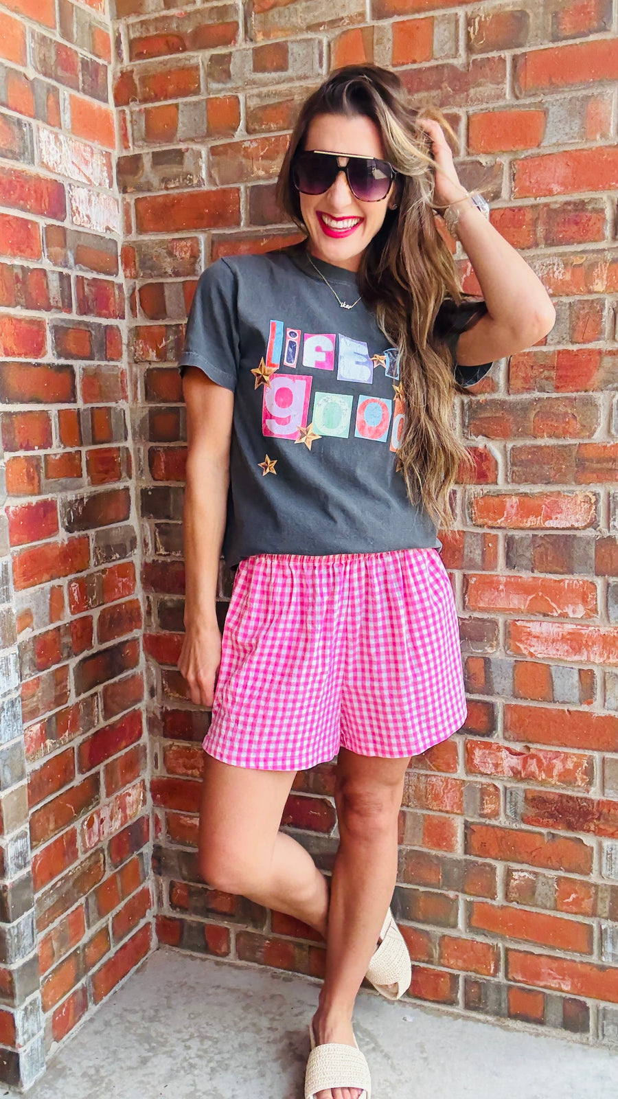 Gingham Breeze Shorts-Pink & White