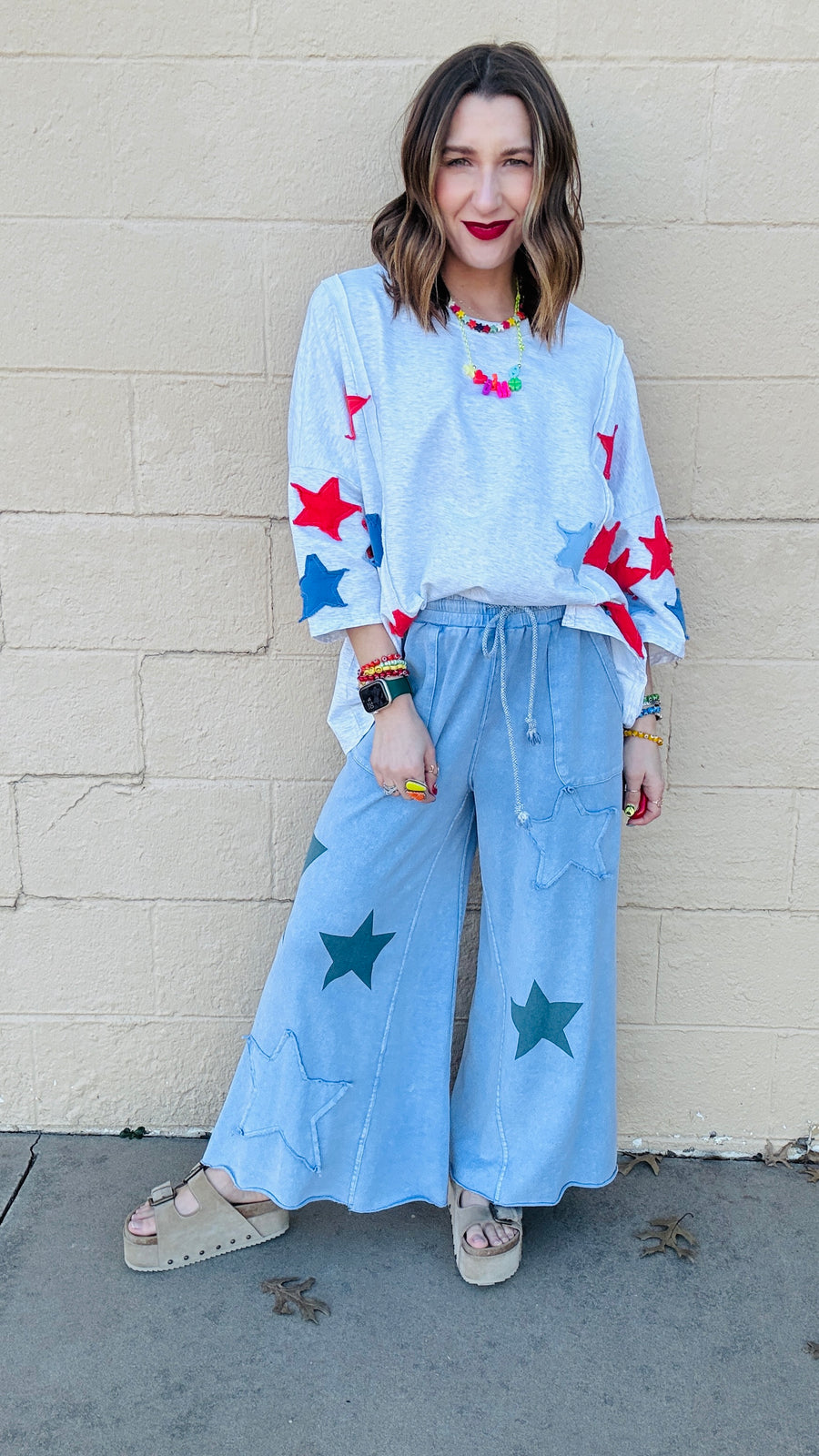 Superstar Distressed Patchwork Wide Leg Pants- Washed Denim