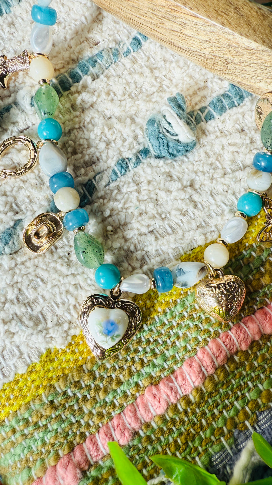 Bold Blues & Greens Mixed Charms Pearl And Stone Beaded Necklace