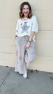 Superstar Distressed Patchwork Wide Leg Pants - Latte