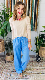 Elanor Striped Relaxed Fit Pants- Blue Mix