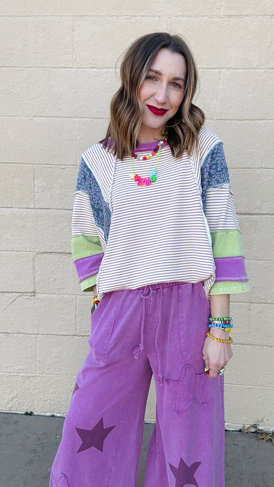 Floral & Stripe Color-Block 3/4 Sleeve Top