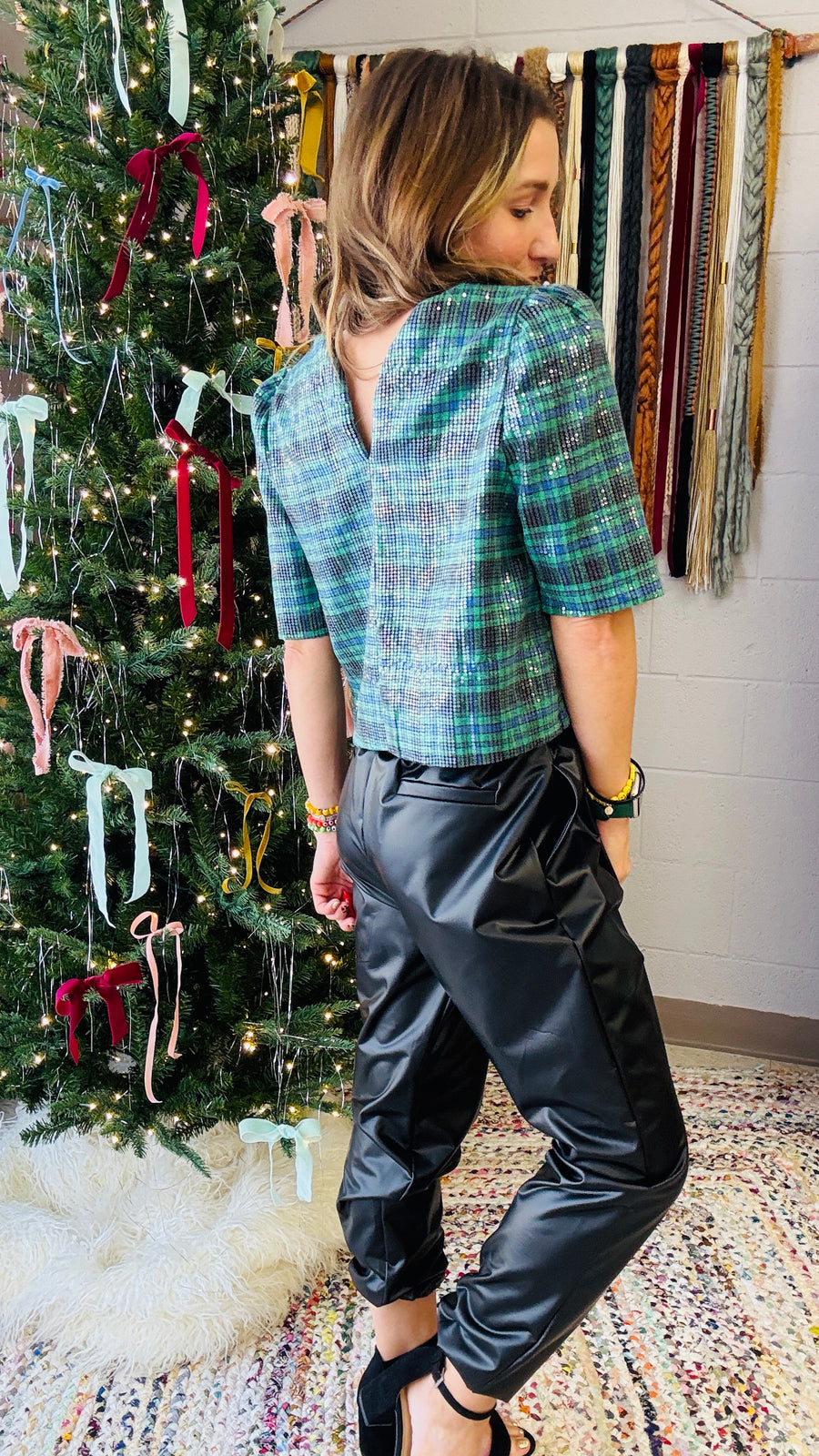 Jingle Bell Rock Sequins Plaid Top- Hunter Green Mix