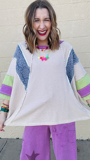 Floral & Stripe Color-Block 3/4 Sleeve Top