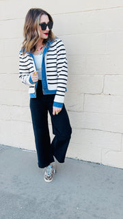 Denim and Striped Mixed Material Jacket