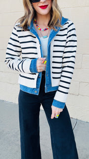 Denim and Striped Mixed Material Jacket