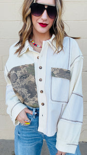 Camo and Stripe Patchwork Waffle Knit Top