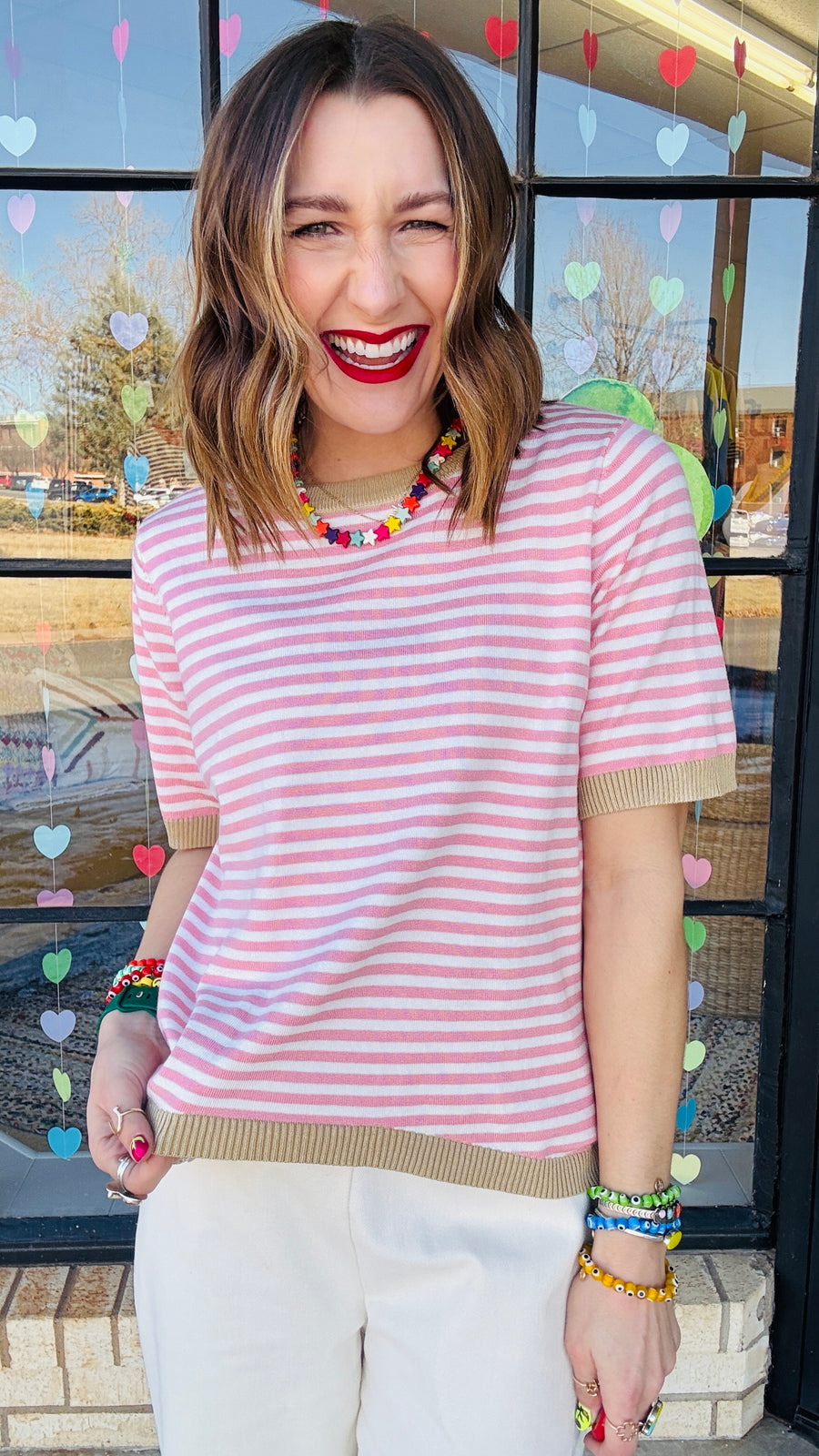 Cindy Striped Knit Tee- Rose & Honey