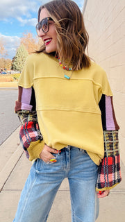 Laney Plaid Contrast Sleeve Fleece Sweater- Mustard