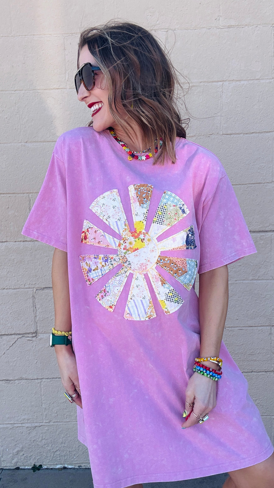 Sunshine Sweetie Patchwork T-Shirt Dress-Pink