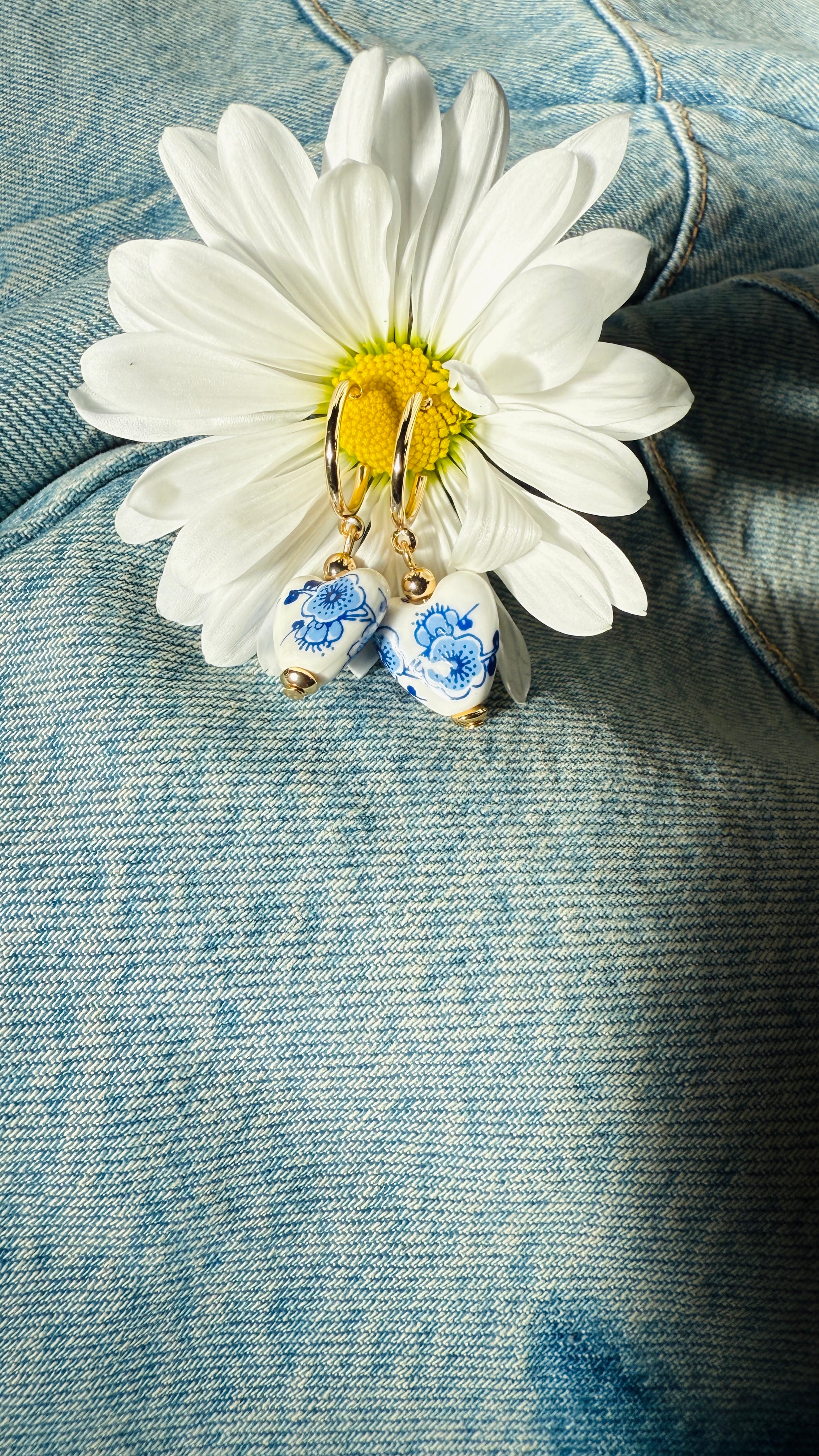 Floral Ceramic Heart Charm Hoop Earrings