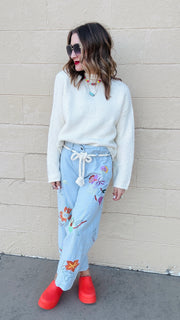 Boho Blossoms Straight Leg Denim Pants- Light Wash