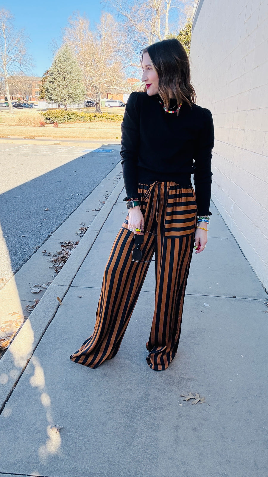 Black & Camel Striped Satin Pants