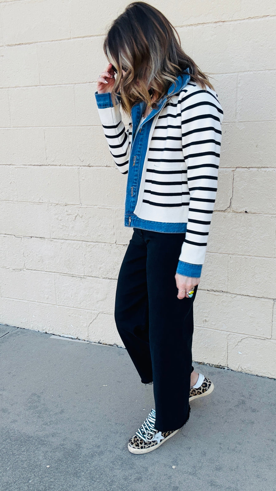 Denim and Striped Mixed Material Jacket