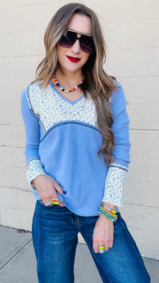 Janey Waffle Knit Floral Detail Top- Evening Blue