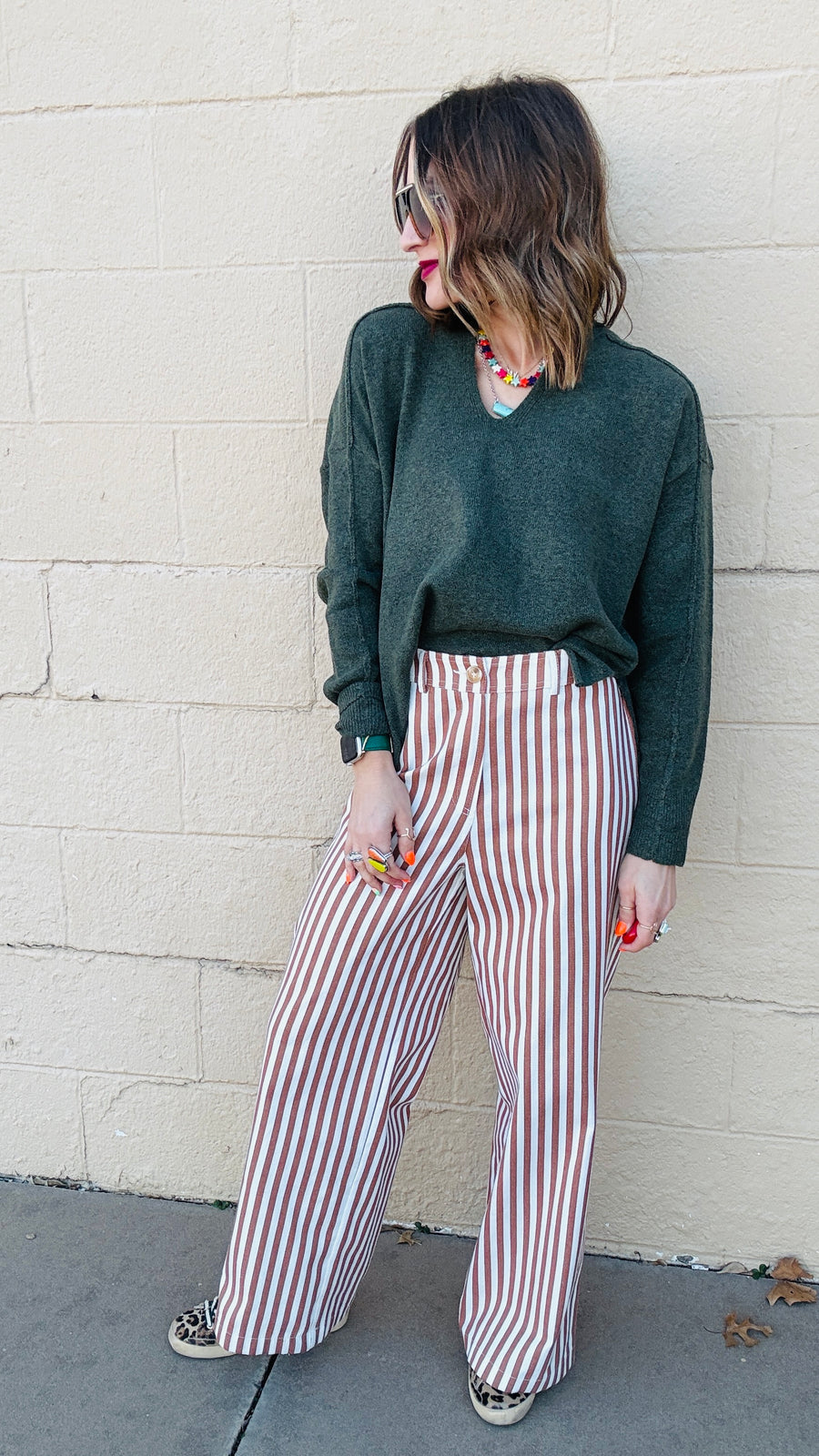 Bronze & Ivory Striped Wide Leg Pants