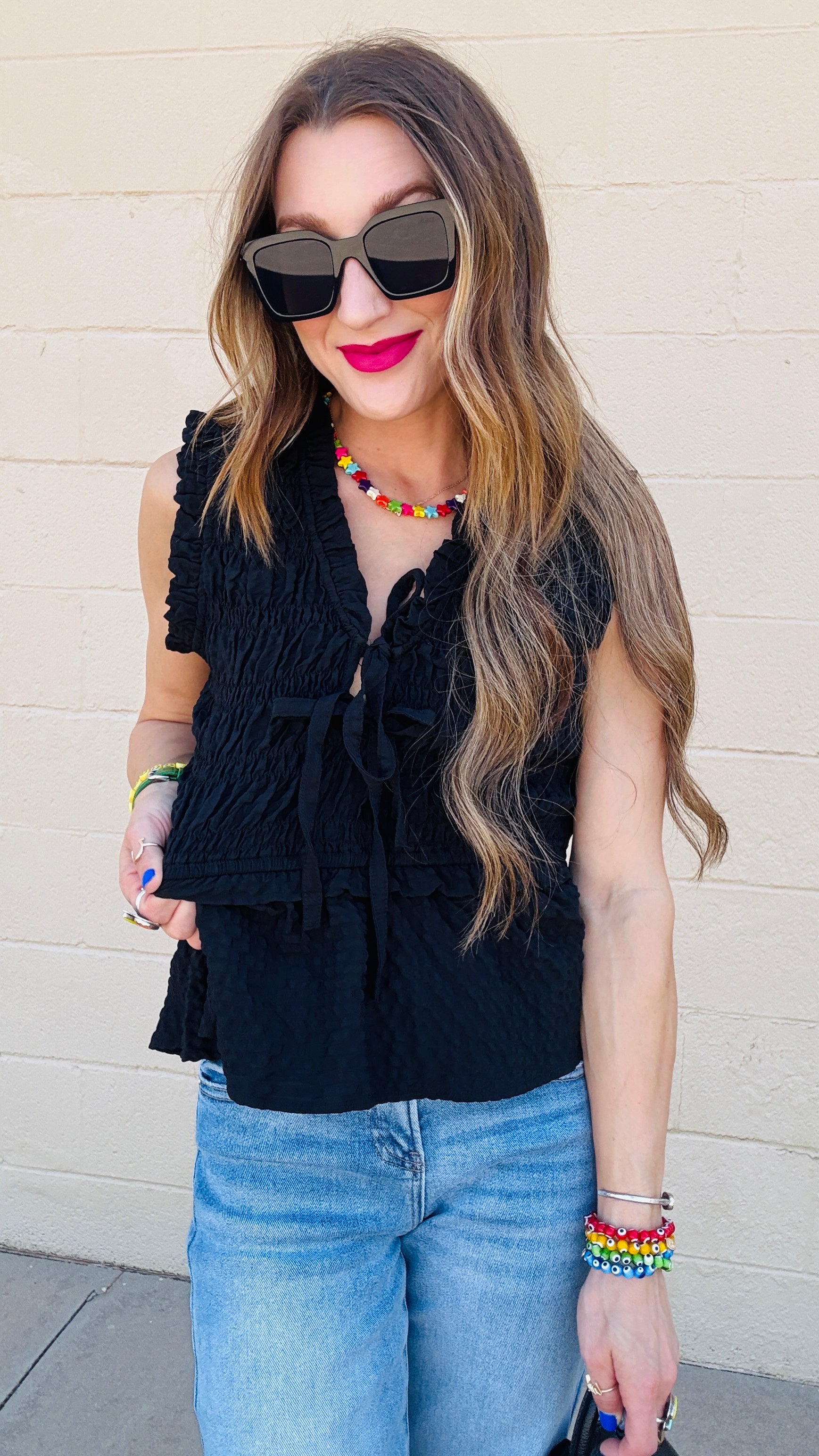 Zoie Smocked Bust Tie Neck Blouse- Black