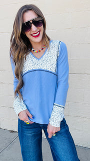 Janey Waffle Knit Floral Detail Top- Evening Blue