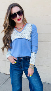 Janey Waffle Knit Floral Detail Top- Evening Blue