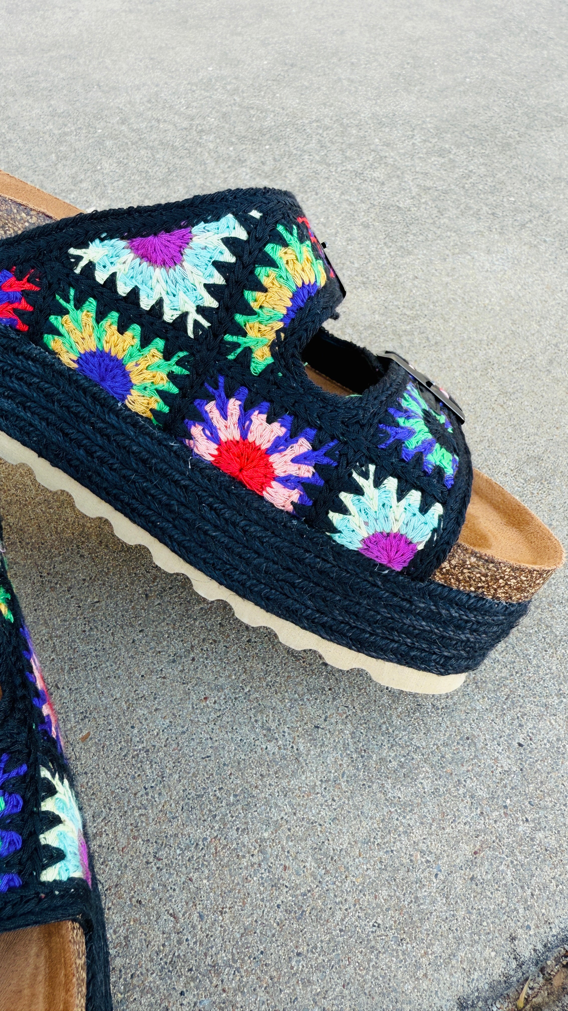 Floral Heights Black Multi Crochet Platform Sandal