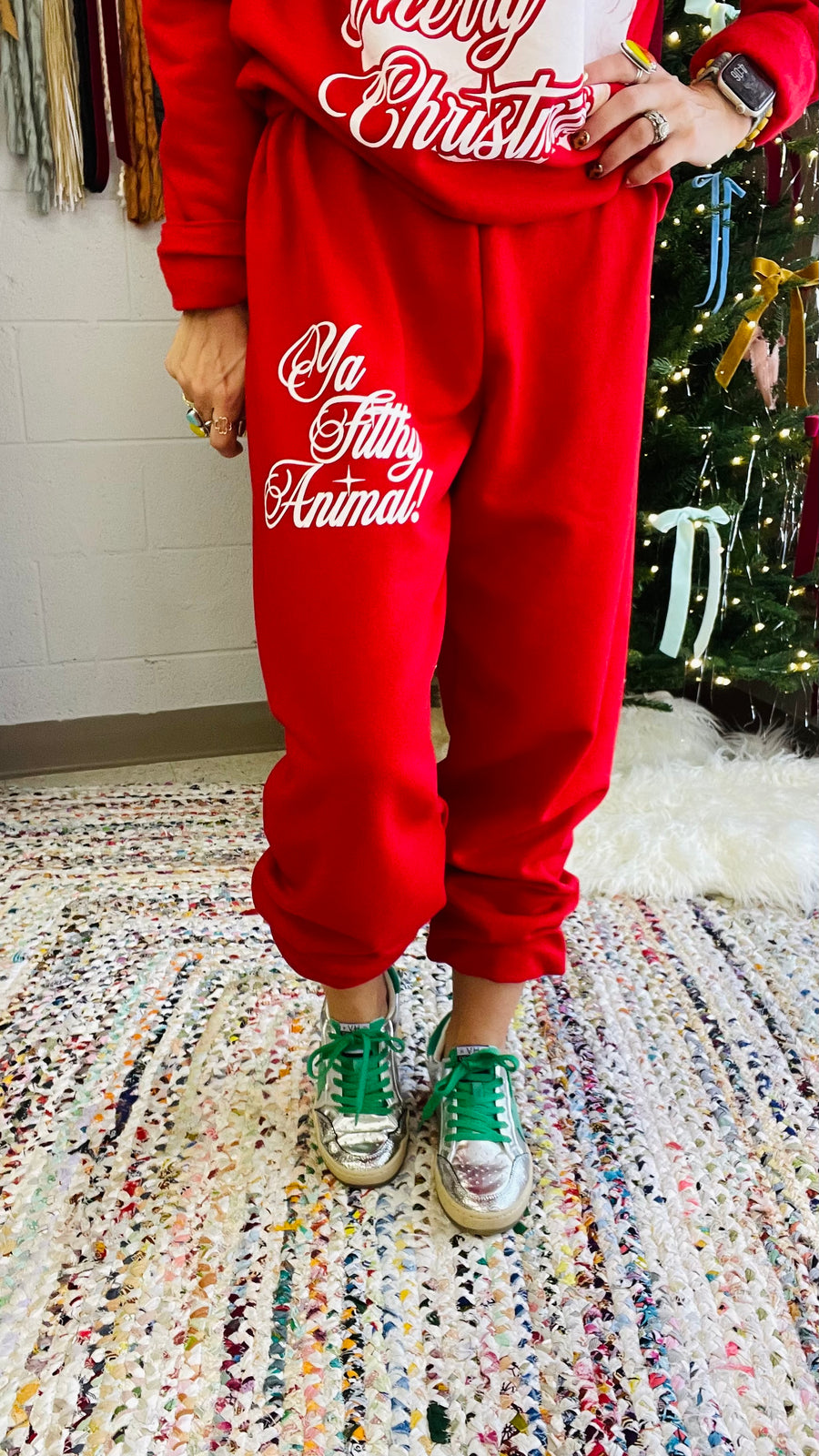 Ya Filthy Animal Graphic Holiday Sweats- Red