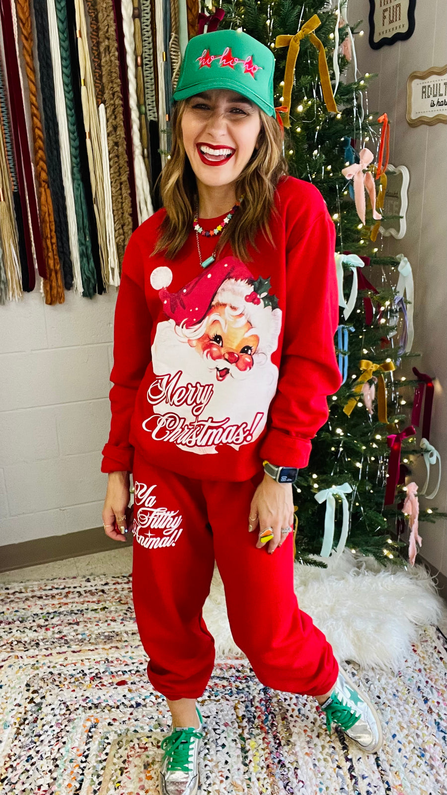 Ya Filthy Animal Graphic Holiday Sweats- Red