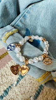 Heart Locket And Ceramic Floral Charms Pearl Beaded Bracelet