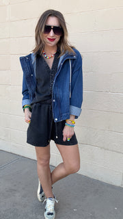 Oversized Raglan Sleeve Denim Jacket - Dark Wash